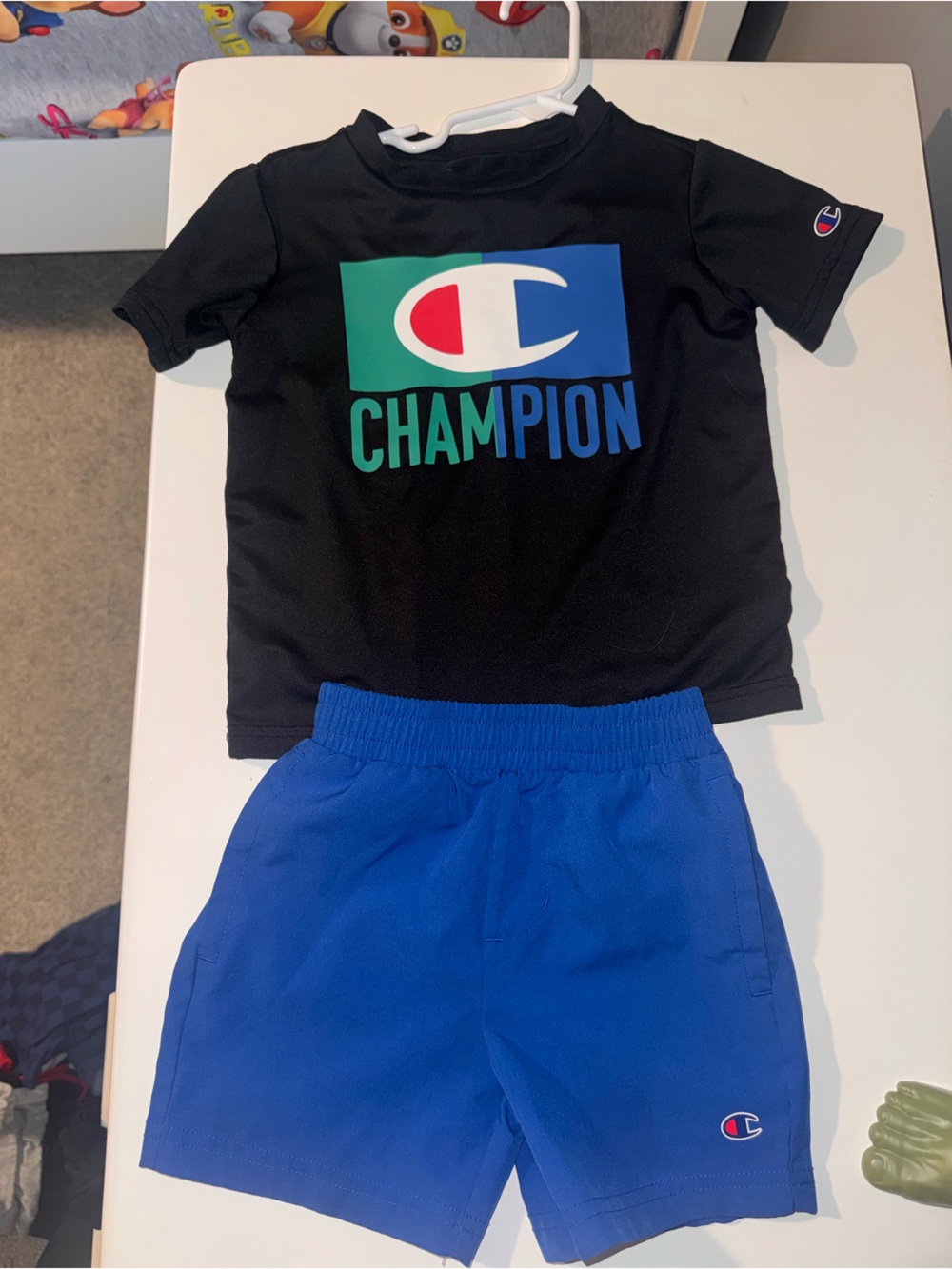 Champion Black Tee with Blue Logo & Royal Blue Shorts